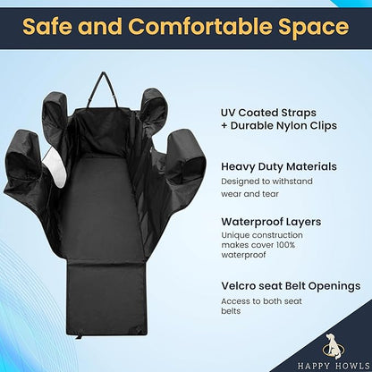 Happy Howls Dog Car Seat Cover - Waterproof Back Seat Cover for Dogs - Headrest & Door Panel Protector - 1100D Fabric with Mesh Window, Zippered Side Flaps, Non-Slip Bottom - 55x67, Universal Fit