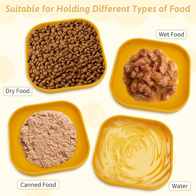 Fhiny 2PCS Silicone Cat Bowls Set 7.1 x 7.1 in Shallow Dog Dish Whisker Friendly Cat Food Plate for Dry & Wet Food Dishwasher Safe Non-Slip Pet Feeding Bowls for Kittens and Puppies (Yellow)