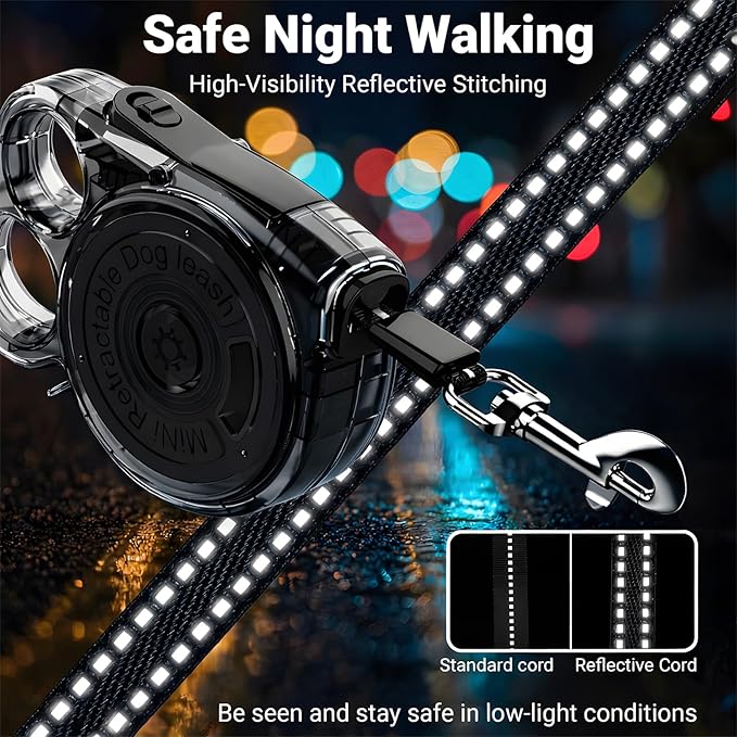 Retractable Dog Leash for Small Dogs, 10ft Retractable Leash for Puppies Up to 26 lbs, 360° Tangle-Free Heavy Duty Nylon Tape, One-Handed Brake Pause Lock, Reflective Strip for Safe Night Walking