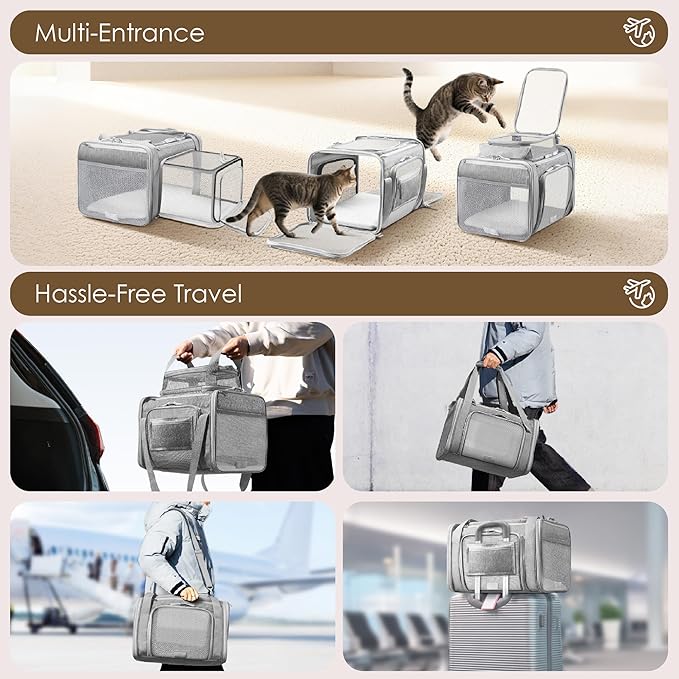 Top and 2 Sides Expandable Cat Carrier 18x11x11, TSA Airline Approved Dog Carriers for Small Dogs,Soft-Sided Pet Carrier with Self-Locking Zippers for Kitten,Rabbit, Puppy, Grey