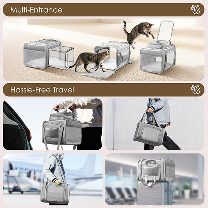 Top and 2 Sides Expandable Cat Carrier 18x11x11, TSA Airline Approved Dog Carriers for Small Dogs,Soft-Sided Pet Carrier with Self-Locking Zippers for Kitten,Rabbit, Puppy, Grey