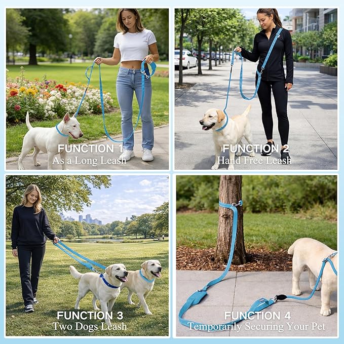 10FT Hands Free Dog Leash for Small Medium Large Dogs, Heavy Duty Reflective Dog Leash with Traffic Handle, Seat Belt Buckle & Poop Bag Holder (Blue)