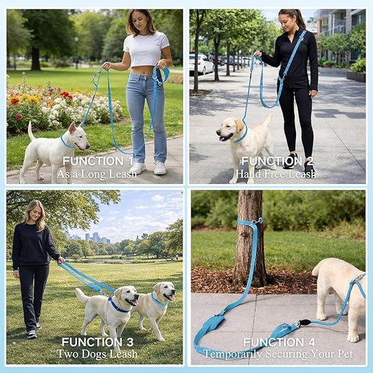 10FT Hands Free Dog Leash for Small Medium Large Dogs, Heavy Duty Reflective Dog Leash with Traffic Handle, Seat Belt Buckle & Poop Bag Holder (Blue)