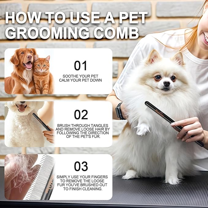 Professional Dog Comb with Wood Handle Long&Short Metal Flea Comb Pet Grooming Tool for Dogs and Cats Remove Loose Hair Tangles Dirt Fleas