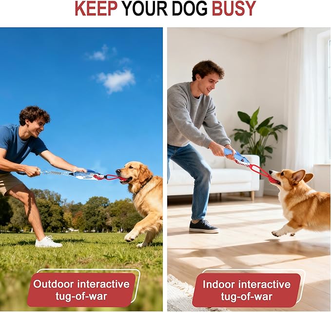 Dog tug of war Toy with Handle,Interactive Dog Pull Toy to Keep Them Busy with Squeak, Multifunctional Combination tug Toy with chew Ball