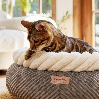 FUKUMARU Cat Bed, Calming Donut Dog Beds, Plush Faux Fur&Corduroy Cat Beds, Cute Round Washable Pet Bed for Large Cats and Small Dogs, Cat Cave with Anti-Slip Bottom, 21inch, Grey