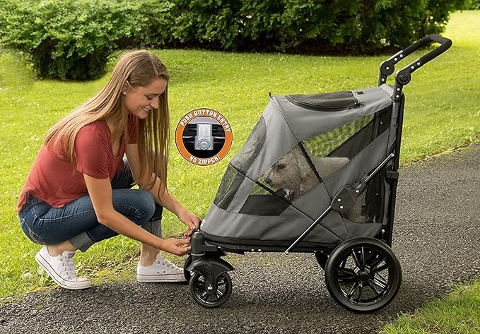 Pet Gear NO-Zip Pet Stroller with Dual Entry, Push Button Zipperless Entry for Single or Multiple Dogs/Cats, Pet Can Easily Walk In/Out, Gel-Filled Tires, Dark Platinum, Excursion