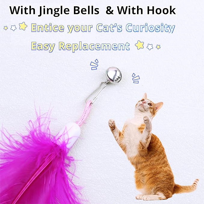 Cat Toy Refill, 8 Pack Large Feather Toy with Bell for Cat Wand Toy Accessories Cat Toy Attachment Replacements, 7.87” Realistic Size Feather Toy for Bored Indoor Adult Cat Play Exercise