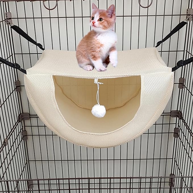 VOSAREA Small Beige Mesh Cat Cage Hammock Breathable Summer Pet Bed for Kittens and Small Animals, Machine Washable Hanging Rest Nest for Indoor Use