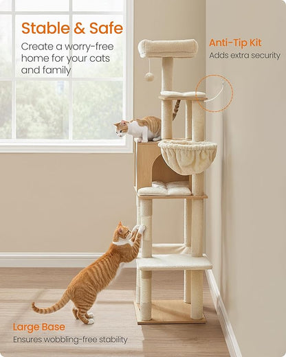 Feandrea Cat Tree, 65-Inch Tall Cat Tower, Multi-Level Condo with Cave, Basket, Hammock, Pompom, Scratching Posts, Almond Yellow UPCT118Y01