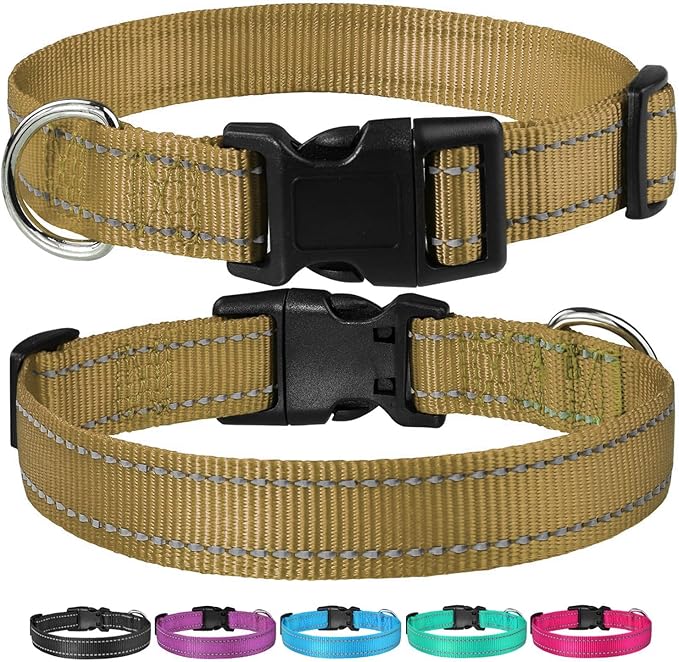 Reflective Dog Collar with Buckle Adjustable Safety Nylon Collars for Small Medium Large Dogs, Brown XS
