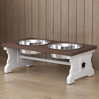 Piskyet Elevated Dog Bowls, Dog Bowls Stand, Raised Dogs Bowl's with 2 Stainless Steel Wooden Dogs Bowl,3.5Cups6''H_30 oz Bowl-Farmhouse Style