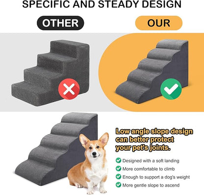 Dog Stairs for Bed, 5-Step Dog Steps for Couch and High Bed, Non-Slip Pet Stairs, 24" High Sofa Foam Ramp - Best for Small Pets, Older Cats with Joint Pain