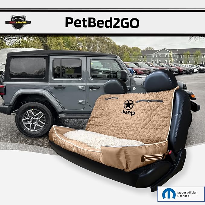 PetBed2GO Jeep Tan, Large Pet Bed Cushion & Car Seat Cover, 52x20x7, 6lbs