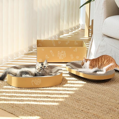 FUKUMARU 3PCS Cardboard Cat Scratcher Bed, Durable Oval Cat Scratch Bed Pads, Round Cats Scratching Board with Large Kitten Scratcher Box for Indoor Cats, Couch Sofa Furniture Protector