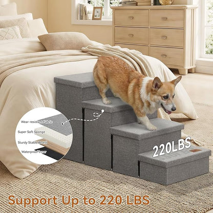 Dog Stairs with Storage 23" H, 4-Step Wider Dog Steps for High Beds Window, Folding Sturdy Pet Stairs Gift for Injured Old Dogs Cats, Ramp for Climbing Car Up to 200 lbs,(Gray, No Condo)