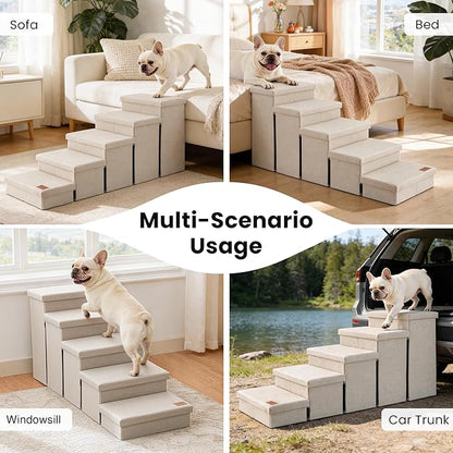 Love's cabin Dog Stairs for High Bed 22" H, Foldable Pet Stairs for Small Medium or Large Dogs Puppy with Storage for Bed or Couch, Cat Dog Steps Ramp with Zip up to 200 lbs, Beige, 5 Steps