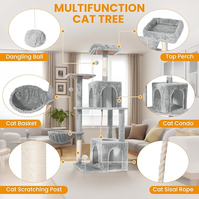 54 Inch Multi-Level Cat Tree Tower with Hammock, Condos & Scratching Posts, Large Cat Furniture for Indoor Cats with Pompoms, Light Grey