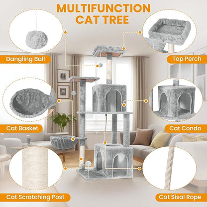 54 Inch Multi-Level Cat Tree Tower with Hammock, Condos & Scratching Posts, Large Cat Furniture for Indoor Cats with Pompoms, Light Grey