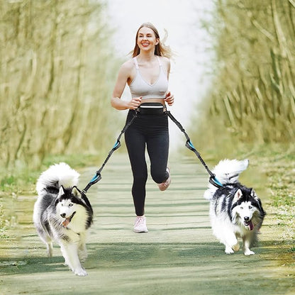 Hands Free Dog Running Leash with Adjustable Waist Belt, Dual Handle Elastic Bungees Retractable Rope for Small and Medium Dogs, Reflective Stitches for Walking Hiking Biking (Medium, 8-25lb)