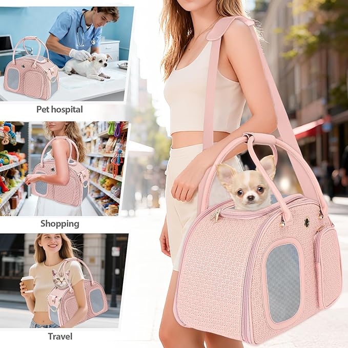 Dog Purse Carrier for Small Dogs, TSA Airline Approved Pet Tote Bag, Fashion Soft-Sided Puppy Carrier Purse with Pockets for Travel, Shopping, Daily Use (Pink, 16.1inch x 8.7inch x 12inch(LxWxH))