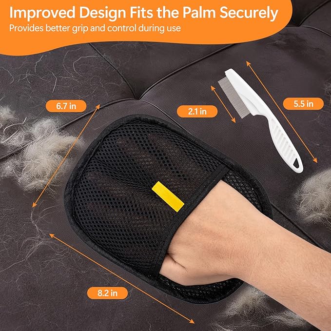 Pet Hair Removal Glove for Cats & Dogs, Upgraded Electrostatic Pet Fur Remover Gloves with a Fine-Tooth Comb Brush, Reusable Hair Removal Tool for Fabric Surface Couch, Car Seat (8.27" x 6.69")