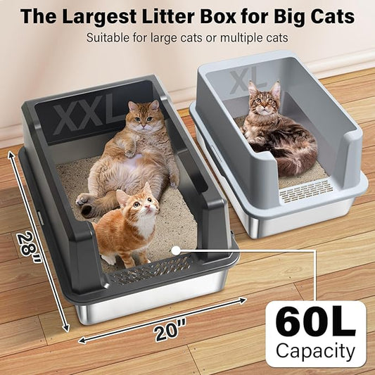 XXXL Stainless Steel Litter Box with Lid, Jumbo 28"x20"x14" Metal Litter Box with High Sides, Cat Litterbox Extra Large for Big Kitty, Multiple Cats, Never Absorbs Odors, Non-Stick