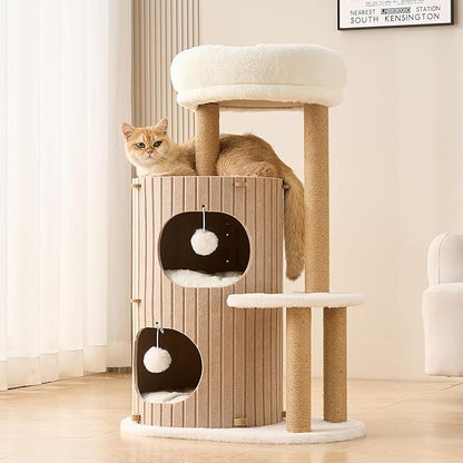 Modern Cat Tree for Indoor Cats Large Adult, 36in H Cat Tree Tower with Scratching Posts, Cozy Cat Bed Cave, Washable Cushions, Dangling Balls, Play&Nap Cat House Condo for All Breeds, Brown