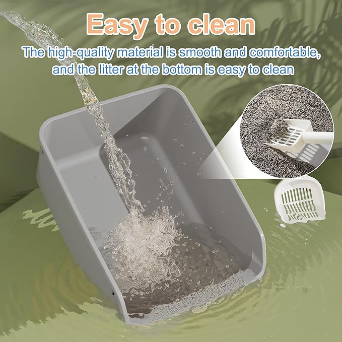 Cat Litter Box with High Sides Anti-Splashing for Indoor Cats Low Entry Kitty Litter Boxes (Grey)