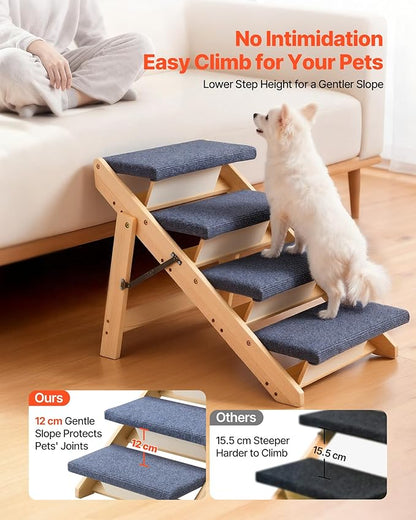 VEVOR Wood Pet Stairs, 4-Step Dog Stairs for Beds, Sofa & Cars, 150lbs Load Capacity, Floded Flat Design, Stable & Sturdy Cat & Dog Step Ladder for Small Medium Large Older Pet Puppy Essentials
