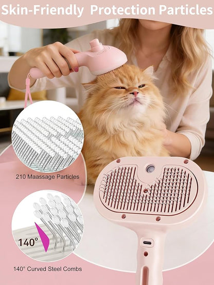 Dog Steam Brush Self Cleaning 3 in 1 Cat Steam Brush for Hair Shedding Massaging Grooming,Reducing Flying Fur & Static,Spray Comb with Storage String for Long Short Haired Furry Pets - Pink