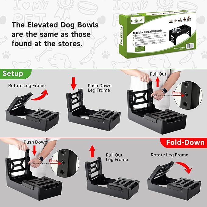 EliteField Elevated Dog Bowls (2-Year Warranty), Two 58 oz Stainless Steel Food Bowls, 5 Adjustable Raised Heights (4", 9.5", 10.5", 11.5", 12.75") Suitable for Dogs of All Ages, Small to Large Sizes