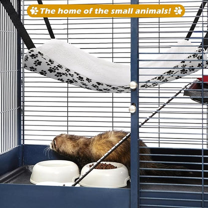 2 Pack Cat Hammock for Cage, Catio Accessories Reversible Soft Cats Bed with Adjustable Straps and Hooks Double-sided Linen and Fleece Hanging Hammock for Cats, Kitten(Zebra and Cat Paw Print,M)