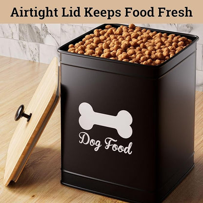 Dog Food Container Airtight 5-7 lb (25 Cup) Capacity - Cute Airtight Dog Food Storage Container with Bamboo Lid & Sturdy Metal Handle - Black Metal Kibble Storage Bin for Dogs up to 50 lbs - Pet Jar