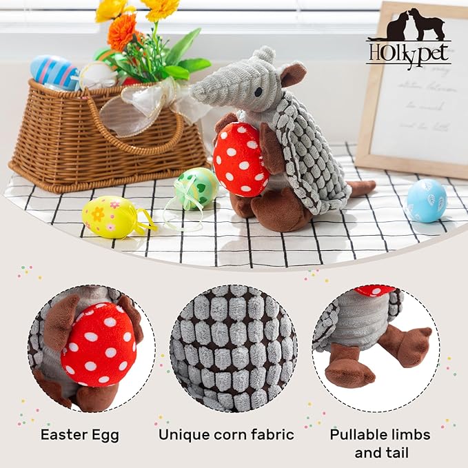 Hollypet Plush Dog Squeaky Toy Stuffed Armadillo Animal Pet Puppy Chew Toys with Clean Teeth for Small Medium Large All Breed Sizes Dogs, Gray, 8 in, Red Easter Eggs with WhiteDots