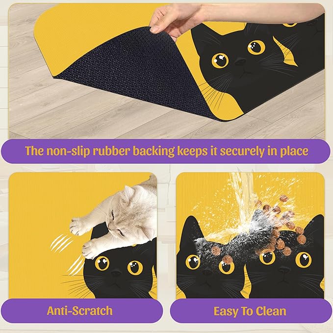 Cute Black Cat Peeking Pet Bowl Mat, Absorbent Placemat for Food and Water, Waterproof Non-Slip Rubber Base – 12x20 Inch