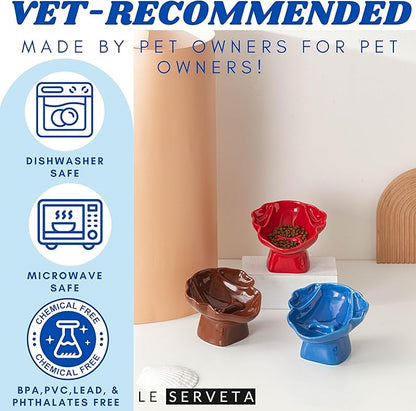Ceramic Raised Pet Slow Feeder Bowl, Elevated Cat and Dog Slow Feeder, Decorative Standing Doggy Design, Anti-Slip Base, Anti-Vomiting (Red)