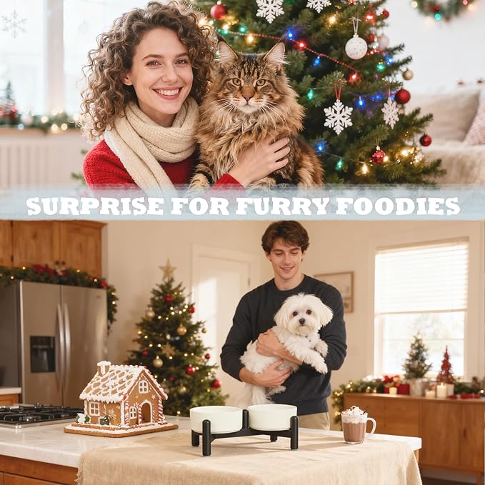 Elevated Ceramic Dog Bowl Set - Cute Double Dishes with Stainless Steel Stand – Raised Feeding Bowls for Cats and Small Dogs - Food & Water Set - 5" / 1.4 Cups (140 g / 260 ml) - Yellow