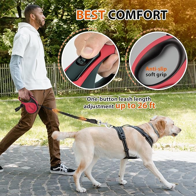 Upgraded Retractable Dog Leash with Chew Proof Extender, Pet Walking Leashes with Poop Bag Holder, 26Ft Heavy Duty Retractable Pet Leash for Medium Large Dogs up to 110lbs, Anti-Slip Grip