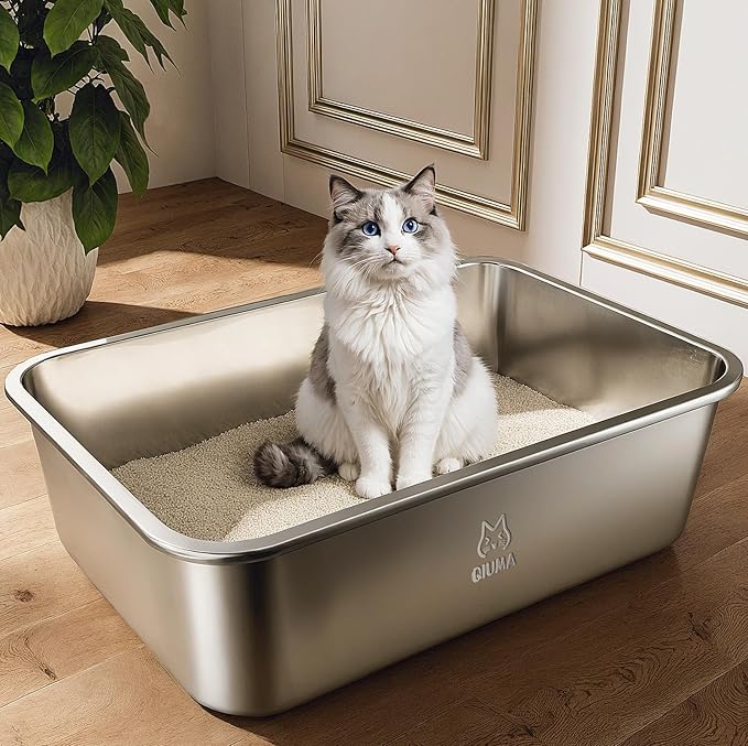 Stainless Steel Metal Litter Box, Extra Large Cat Litter Box with High Sides, Odor-Free, Non-Stick, Easy to Clean, 23.4"×15.6"×7.8", Ideal for Large Cats & Multi-Cat Households, Litter Tray