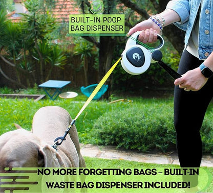 Snuggle Paws Retractable Dog Leash 16ft – Heavy Duty All-in-One Dog Leash with LED Flashlight, Poop Bag Holder, Chew Proof Steel Cable & Reflective Tape – Size S