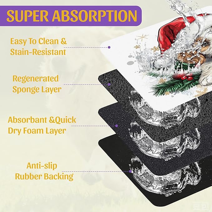 Christmas Dog and Cat Food Mat, Absorbent Feeding Placemat, Waterproof Non-Slip Rubber Base – 16x24 Inch