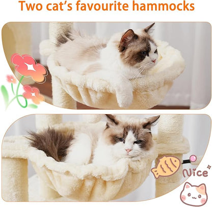 Heybly Cat Tree, 39.4 Inches Tower Condo with Scratching Post, Cat Tower for Indoor Cats, Fully Wrapped Sisal Pole, Soft Platform, 2 Baskets and Dangling Toy, Beige HCT006SM