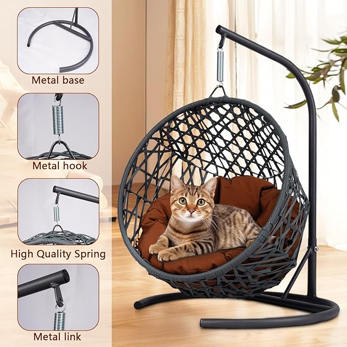 Anwick Cat Swing Bed with Stand & Cushion Indoor Outdoor, Egg Chair with Rattan Wicker Appearance, Indoor Hanging Swinging Hammocks for Cat, Dogs, and Small Animals Bedroom Porch (Brown-2)