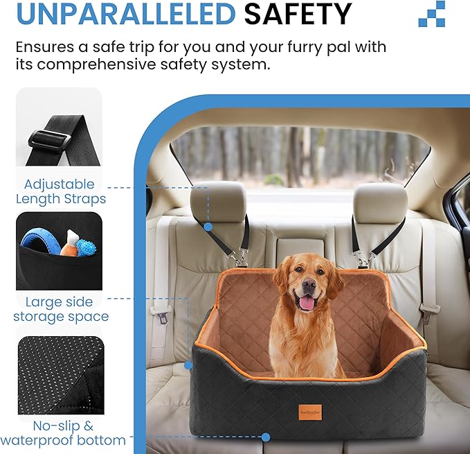Dog Car Seat for Medium Dogs - Pet Car Seat with 2 Safety Straps & Waterproof Padding, Portable Pet Carrier for Cars, Trucks & SUVs, Comfortable Booster Bed for Pets Up to 55lbs (Black/Coffee)