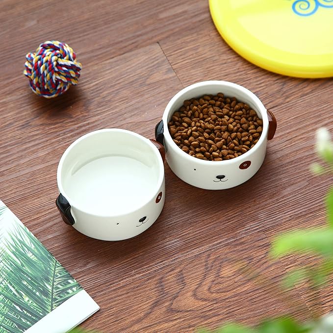 Kurrajong Farmhouse Set of 2 Ceramic Dog Bowls for Small Size Dogs - 4.5" Wide x 2" high - one Dog Water Bowl and one Food Bowl - Adorable and Unique Small Ceramic Dishes for Your furbabies