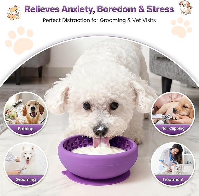 Dog Lick Bowl Slow Feeder with Slanted Anti-Spill Design, Extra-Thick Bite-Resistant Rim, Strong Suction Base, Freezer Safe for Frozen Treats — A Cleaner Alternative to Lick Mats for Dogs (Purple)