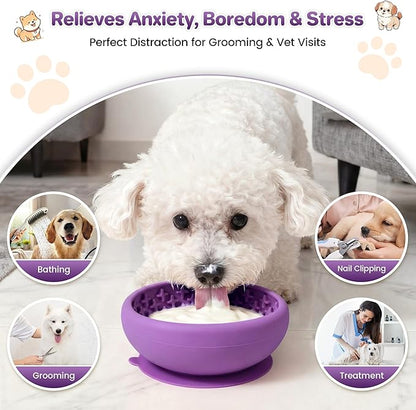 Dog Lick Bowl Slow Feeder with Slanted Anti-Spill Design, Extra-Thick Bite-Resistant Rim, Strong Suction Base, Freezer Safe for Frozen Treats — A Cleaner Alternative to Lick Mats for Dogs (Purple)