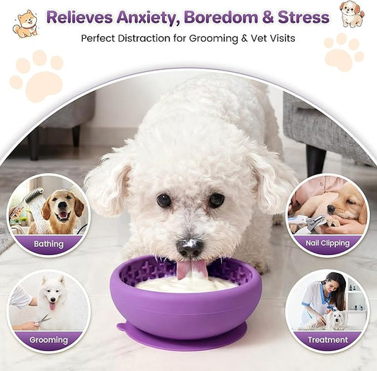 Dog Lick Bowl Slow Feeder with Slanted Anti-Spill Design, Extra-Thick Bite-Resistant Rim, Strong Suction Base, Freezer Safe for Frozen Treats — A Cleaner Alternative to Lick Mats for Dogs (Purple)
