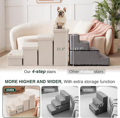 Love's cabin Dog Stairs for Small Medium or Large Dogs with Storage and Adjustable Steps, Foldable Pet Steps for Bed or Couch, 4-Step Beige Folding Cat Ramp with Zip up to 200 lbs, Beige